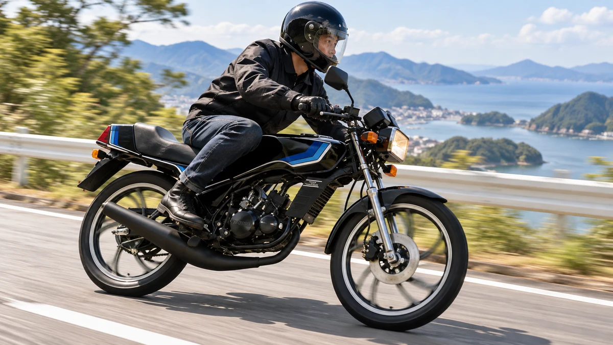 昭和バイク RZ50 1981年初代をイメージした日本人ライダーの走行シーン